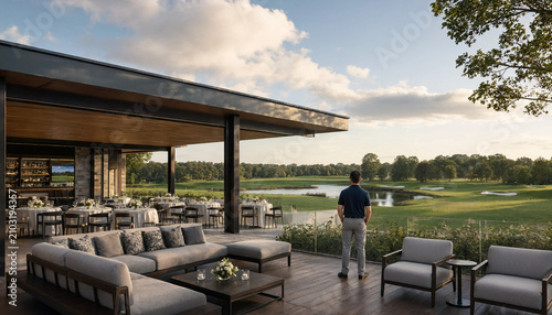 Man standing on scenic terrace of luxury golf club restaurant overlooking green golf course with restaurant architecture building landscape clubhouse lifestyle greenery furniture