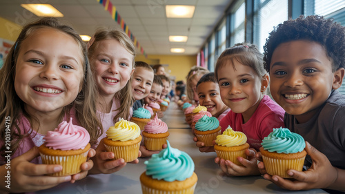 Children enjoying colorful vegan cupcakes at school celebration
