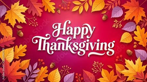 Happy Thanksgiving festive autumn greeting card with fall leaves. Vector illustration of warm holiday celebration design for invitations and social...