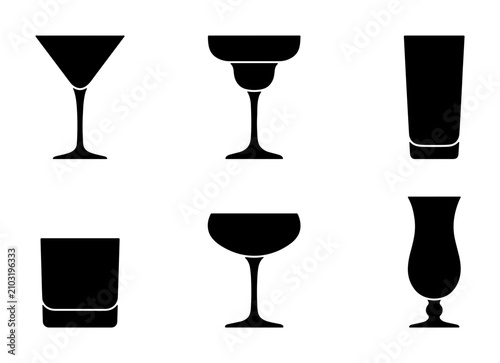 Cocktail Glass Icons Set, Barware Vector Collection, Drinkware Silhouettes for Menu Design