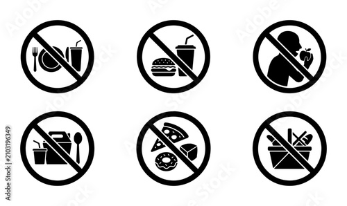 Prohibition Signs: No Food, No Drinks, No Eating, No Picnic, Vector Icons Set