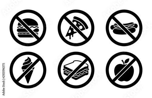 No Food Icons Set, Forbidden Fast Food & Sweet Treats Vector Graphics, Healthy Eating Restriction Symbols