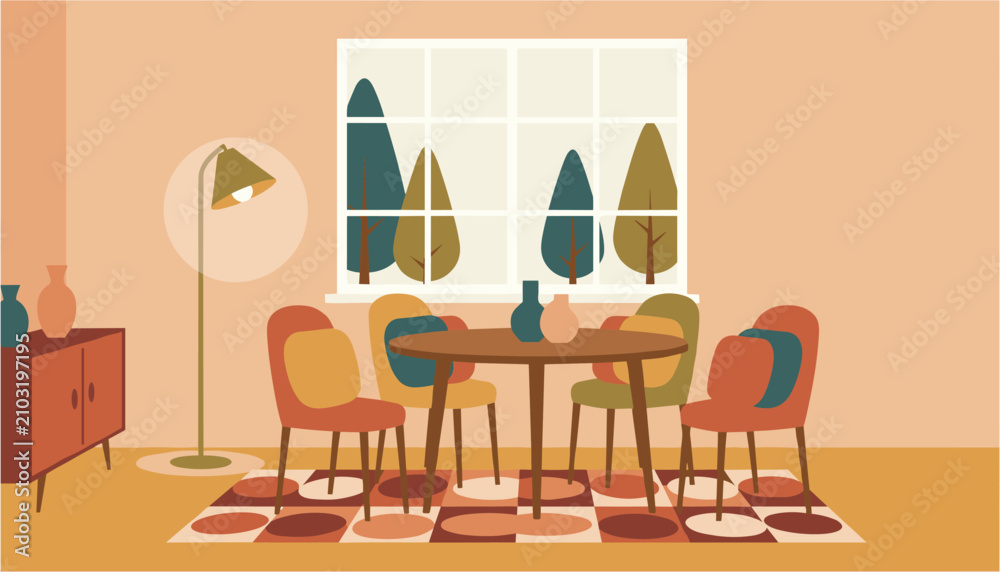 Obraz premium Mid-century modern dining room with geometric rug and abstract trees viewed through window