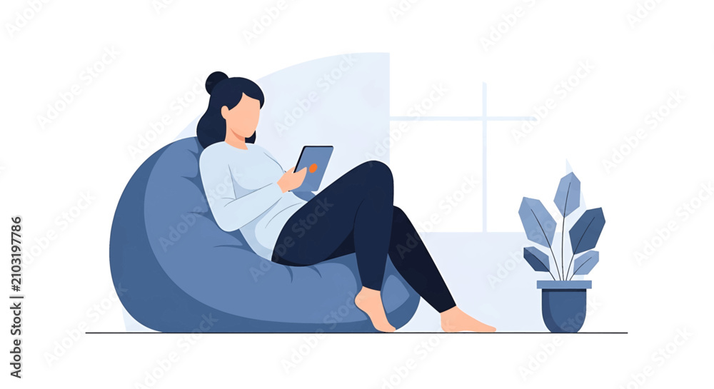 Fototapeta premium Woman sitting on bean bag chair.
