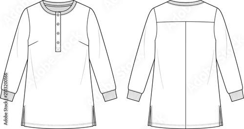 Canvastavla Women's long sleeve henley tunic top technical flat sketch showing front and bac