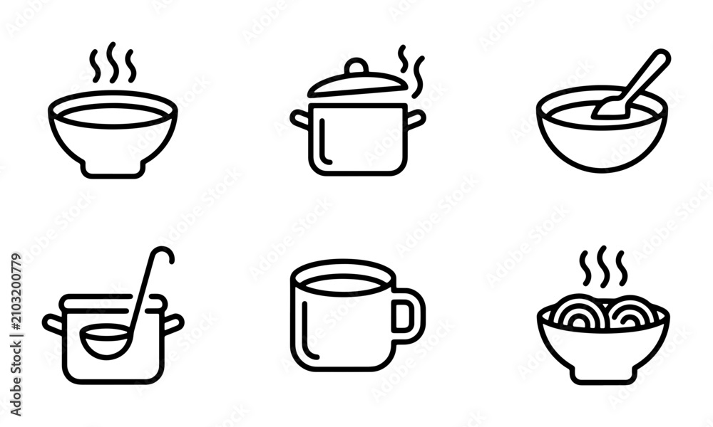 Fototapeta premium Hot Food Icons, Steaming Bowls, Cooking Pots, Soup, Noodles, Coffee Mug, Culinary Vector Set