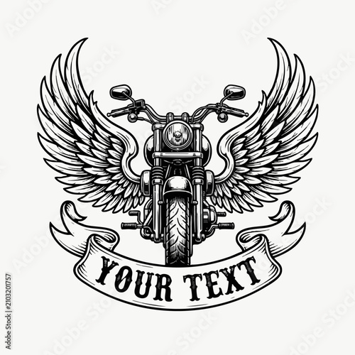 Vintage motorcycle emblem with wings and ribbon for custom text motorcycle illustration transport motorcyclist monochrome engraving detailed insignia template decoration isolated