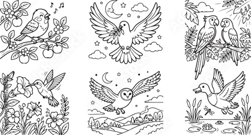 Konstfotografi Set of cute birds for coloring page for kids with owl parrot hummingbird and duc
