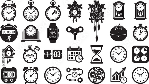 Photos Set of black clock and time icons showing various watches and vintage timekeepin