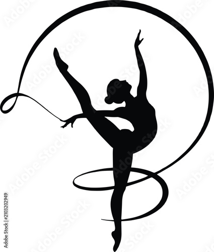 Silhouette of rhythmic gymnast performing with ribbon on white background rhythmic gymnastics dancer