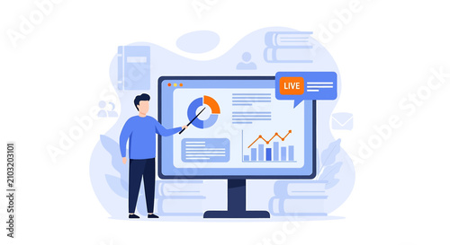 Man pointing at business graph screen.