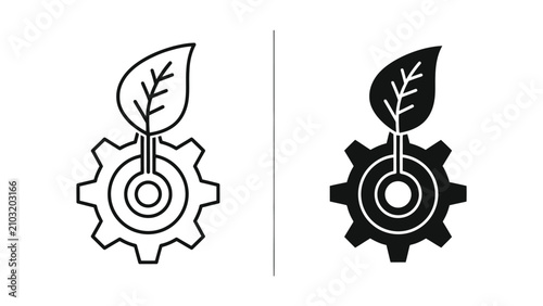 Eco friendly gear icon set featuring a mechanical cogwheel with a growing leaf in minimalist style