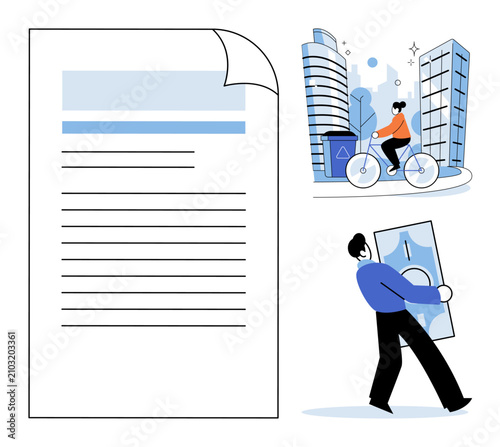 Business document with text lines, person cycling in city, and man carrying money vector illustration. Finance, urban commute, office work, investment, daily routine, productivity. Paper sheet