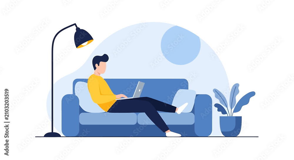 Fototapeta premium Man sitting on couch with laptop.
