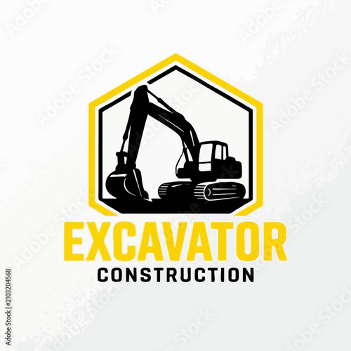 Excavator construction equipment vector logo design with heavy equipment construction site excavator construction machinery industry building hexagonal engineering infrastructure development