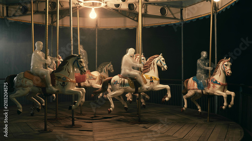 Haunted carousel with cracked horses and spectral riders, vintage carnival ride