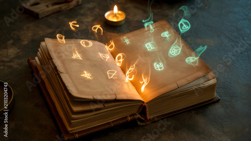 Open witch spellbook with glowing magical glyphs floating above