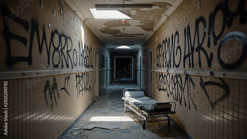 Abandoned hospital corridor with flickering lights and graffiti, decaying interior