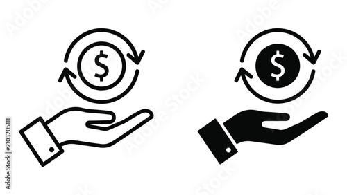 Bild auf Leinwand Hand Holding Rotating Dollar Coin Icon Set Representing Financial Transaction an