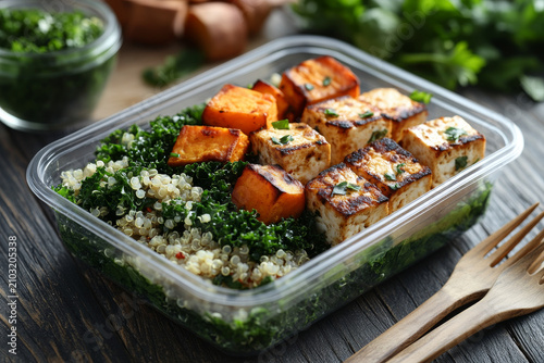 selective focus vegan lunchbox with tofu sweet potato and kale