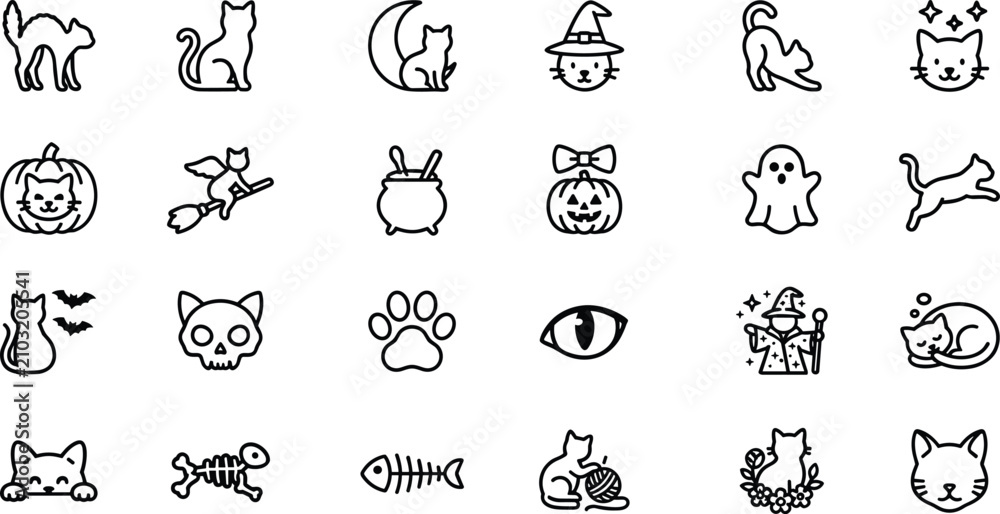 Fototapeta premium Halloween Black Cat Icon Set with Spooky Outline Line Art Symbols for Autumn Holiday Party Decorations Crafts Mobile Apps and Festive Digital Designs