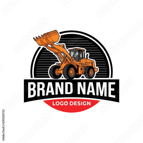 Heavy construction front loader logo illustration with construction machinery equipment excavation industry industrial transport mechanical illustration infrastructure engineering roadwork