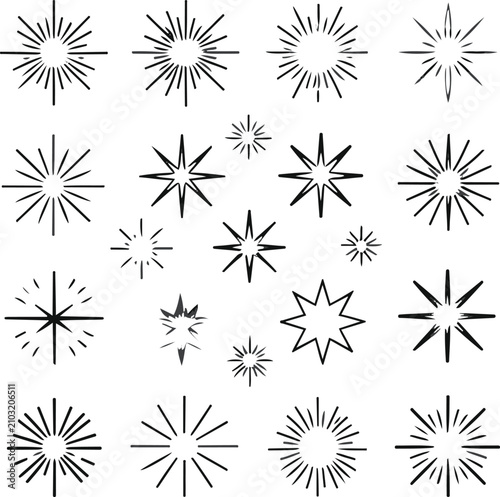  Elegant twinkle and shine icon collection, decorative four-point stars, radiant burst symbols, thin editable black stroke, simple vector illustration, isolated on white background, clean modern minim