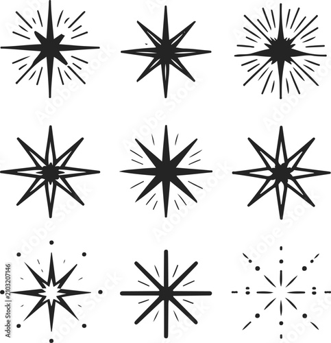  Elegant twinkle and shine icon collection, decorative four-point stars, radiant burst symbols, thin editable black stroke, simple vector illustration, isolated on white background, clean modern minim