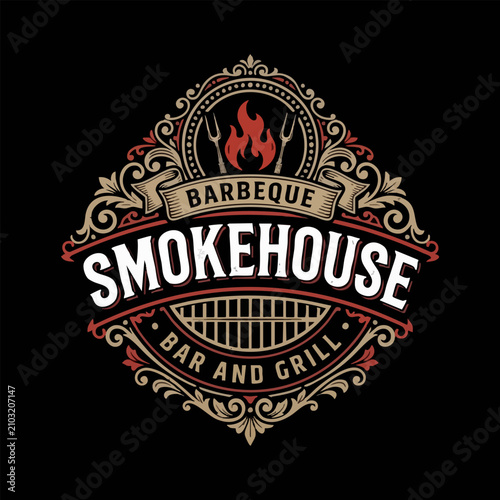 Vintage barbeque smokehouse bar and grill emblem logo design with barbeque smokehouse restaurant branding typography barbecue illustration steakhouse charcoal catering business template