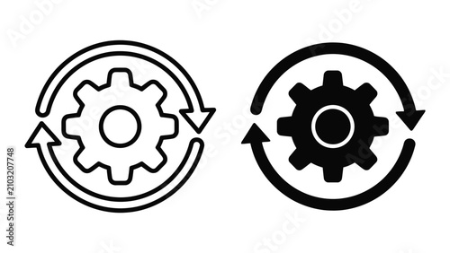 Gear Icon Set Featuring Circular Refresh Arrows in Minimalist Outline and Solid Black Vector Style