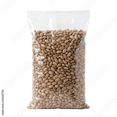 Clear plastic bag filled with raw pinto beans for healthy food isolated on transparent background