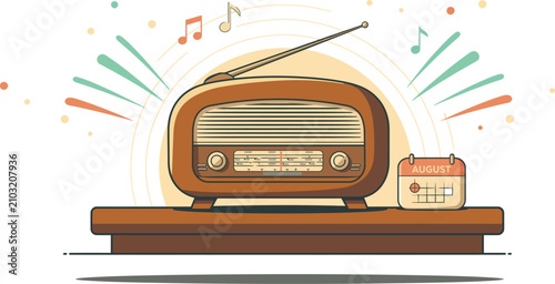 Fotografija Vintage Retro Style Radio Receiver Playing Melodic Music Notes Next To An August
