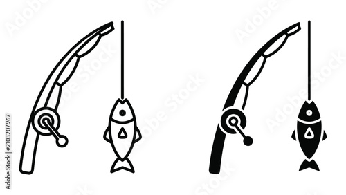 Tableau sur toile Fishing rod with caught fish icon set featuring minimalist outline and solid bla