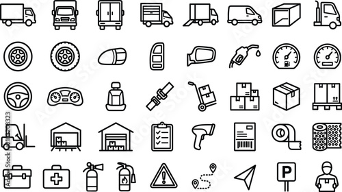 Box Truck Delivery and Logistics Line Icon Set with Outline Symbols for Shipping Services, Cargo Transportation, Warehouse Management, and Courier Distribution