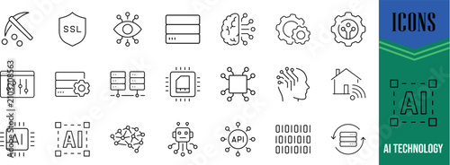 Artificial intelligence data technology icons. brain icon set, server icon set, chip icon set