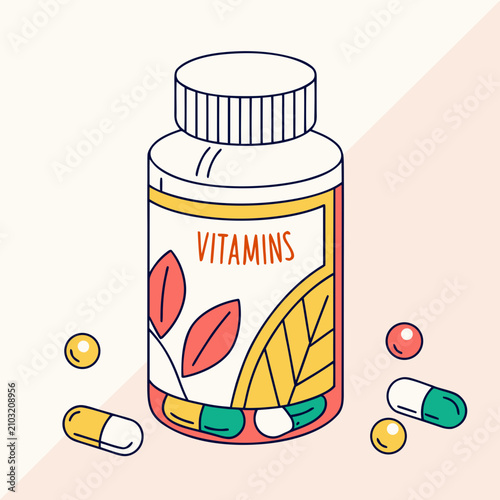 Illustration of a bottle of vitamins with colorful pills scattered around vitamin bottle vitamin supplements vitamin health vitamin medicine vitamin nutrients vitamin wellness vitamins