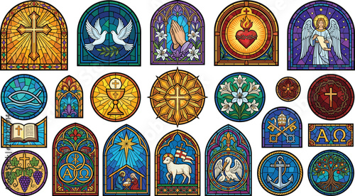 Comprehensive Christian Stained Glass Window Vector Icon Set Featuring Cross Nativity Lamb of God Sacred Heart and Holy Symbols for Church Religious Designs