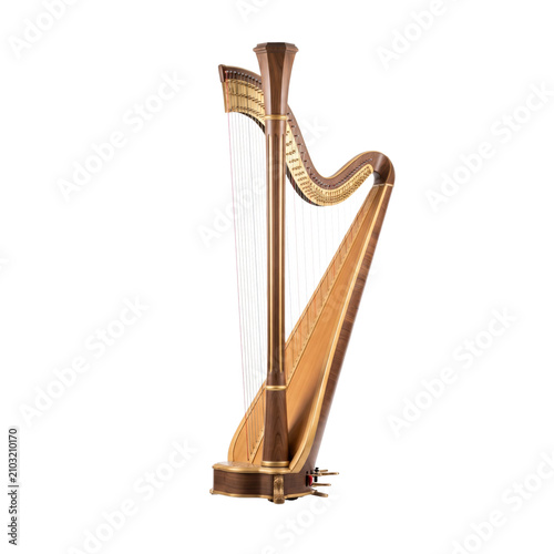 Professional wooden pedal harp isolated on transparent background