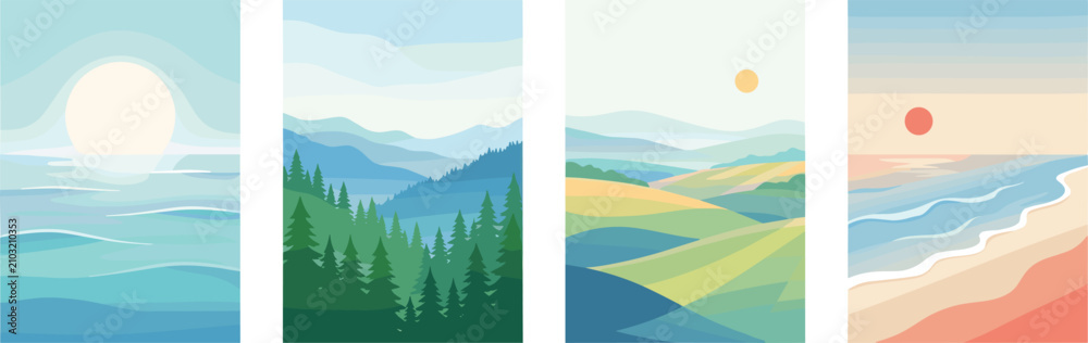 Fototapeta premium Landscape vector illustration set with ocean, forest, countryside, and beach scenes in stylized geometric design