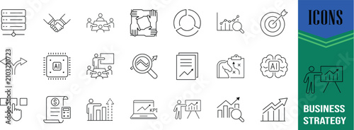 Business technology strategy line icons. server icon set, handshake icon set, chip icon set