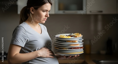 Pregnant Woman Overwhelmed by Large Stack of Food Plates, Morning Sickness Concern