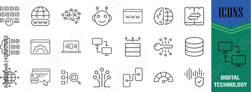 Digital technology internet server icons. server icon set, globe icon set, brain icon set