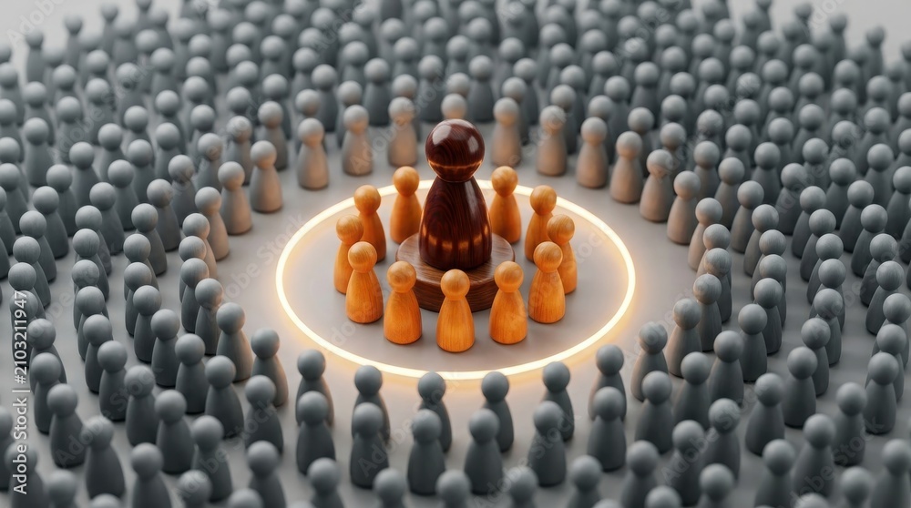 Fototapeta premium Wooden figures representing leadership and team. Concept of business management and hierarchy.