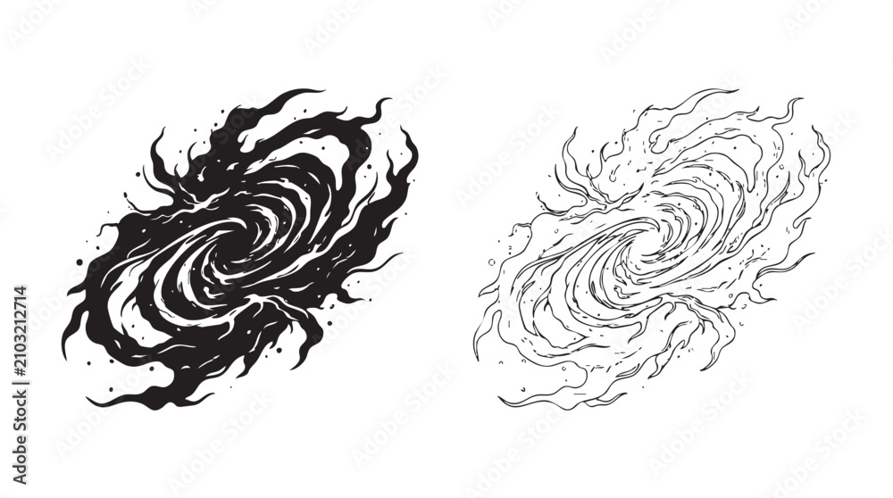 Fototapeta premium black vector silhouette with line art pair icon of abstract nebula galaxy