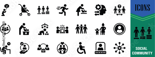 People community social life vector. stroller icon set, wheelchair icon set, family icon set