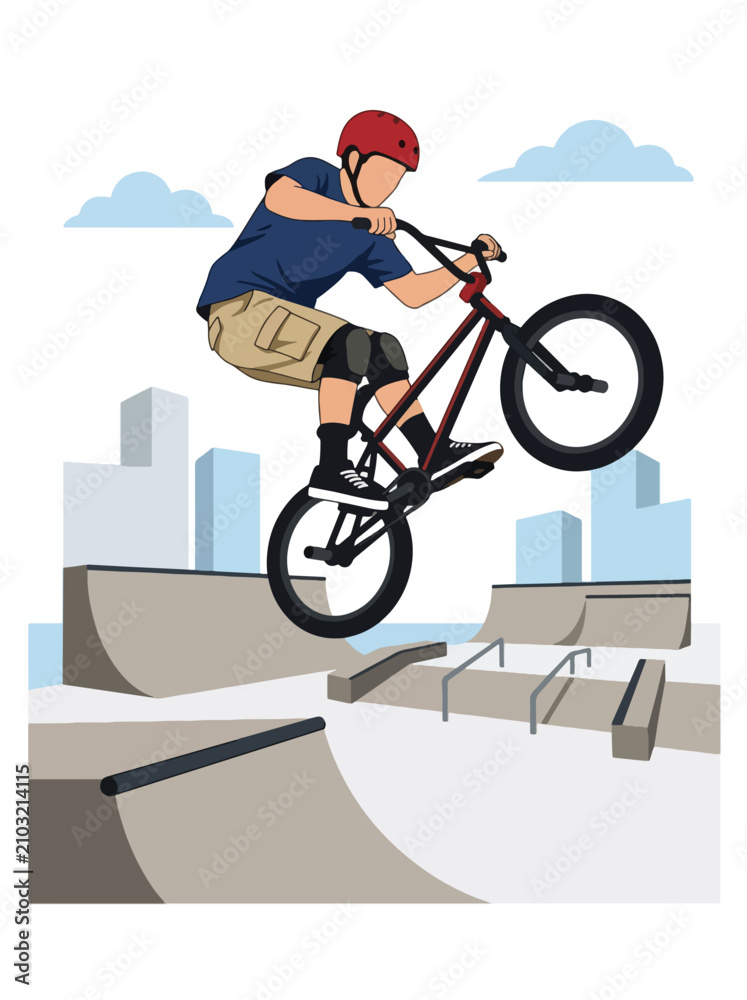Obraz premium Flat style vector illustration of a male BMX rider performing an aerial trick above a freestyle park ramp. Perfect for cycling, extreme sports, recreation, youth culture and action designs