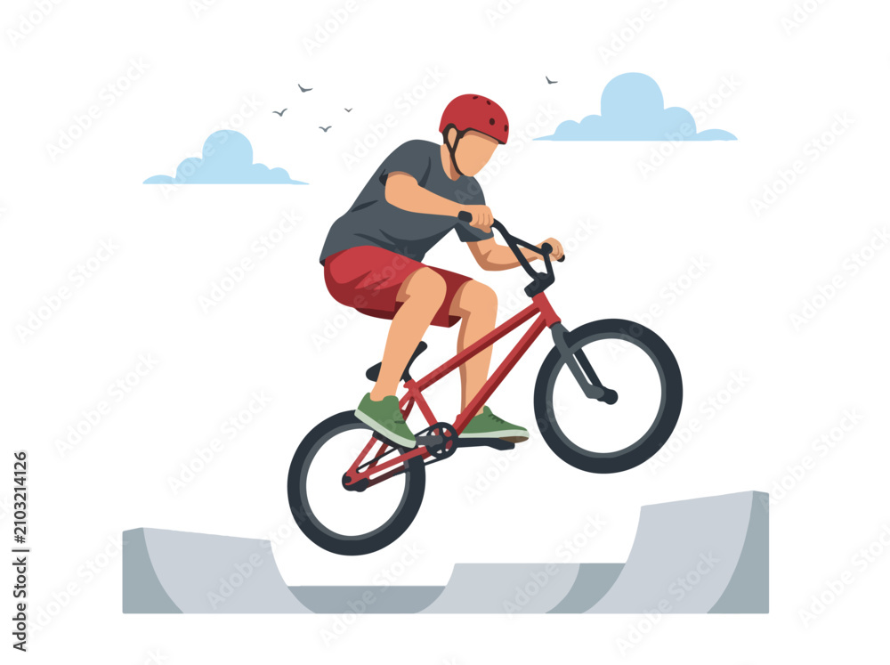 Obraz premium Flat style vector illustration of a male BMX rider performing an aerial trick above a freestyle park ramp. Perfect for cycling, extreme sports, recreation, youth culture and action designs