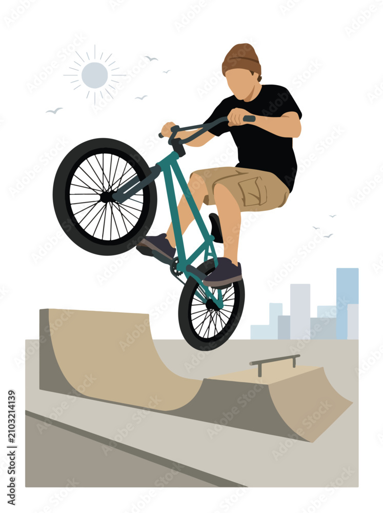 Obraz premium Flat style vector illustration of a male BMX rider performing an aerial trick above a freestyle park ramp. Perfect for cycling, extreme sports, recreation, youth culture and action designs