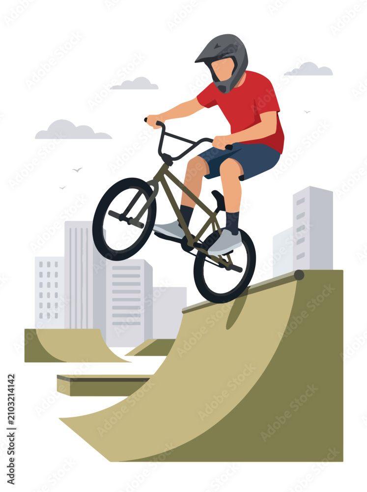 Obraz premium Flat style vector illustration of a male BMX rider performing an aerial trick above a freestyle park ramp. Perfect for cycling, extreme sports, recreation, youth culture and action designs