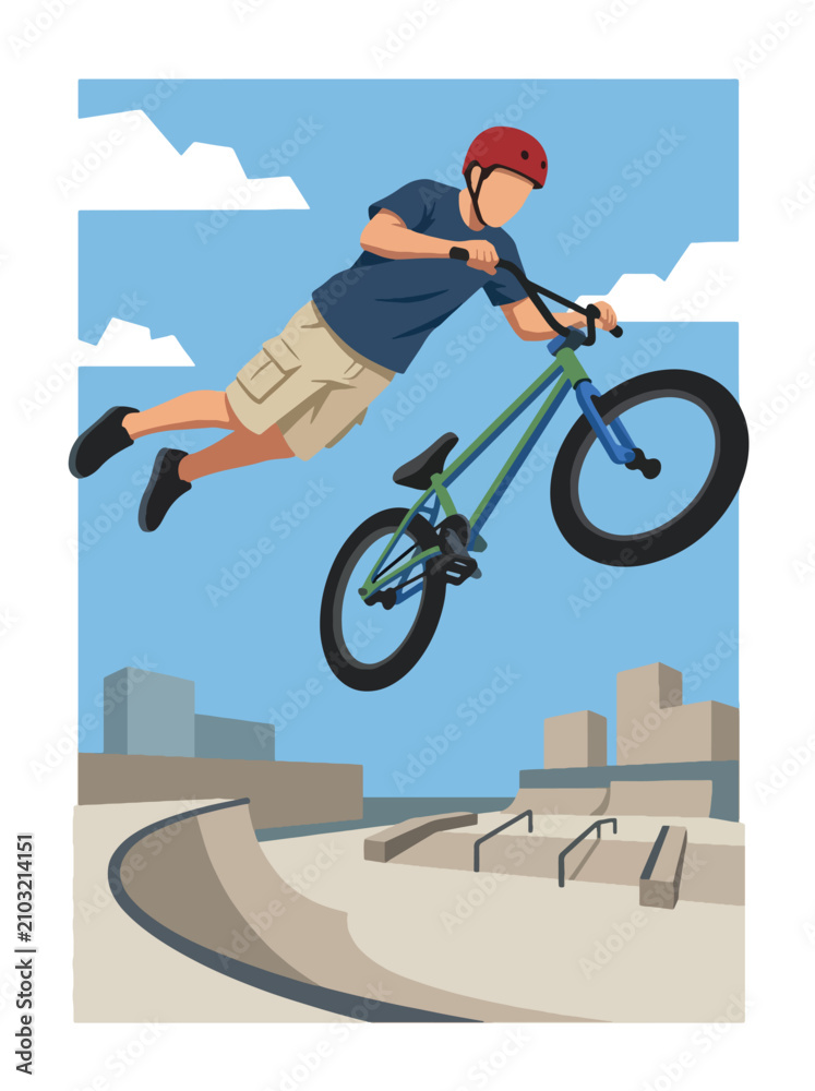 Obraz premium Flat style vector illustration of a male BMX rider performing an aerial trick above a freestyle park ramp. Perfect for cycling, extreme sports, recreation, youth culture and action designs